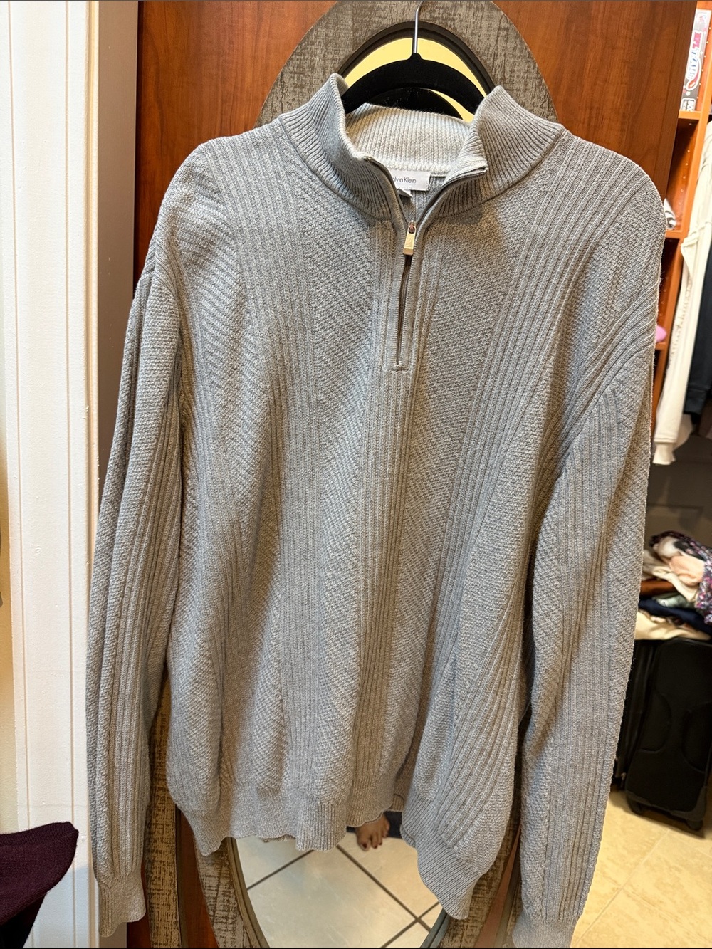 Calvin Klein Light Gray Half-Zip Ribbed Sweater